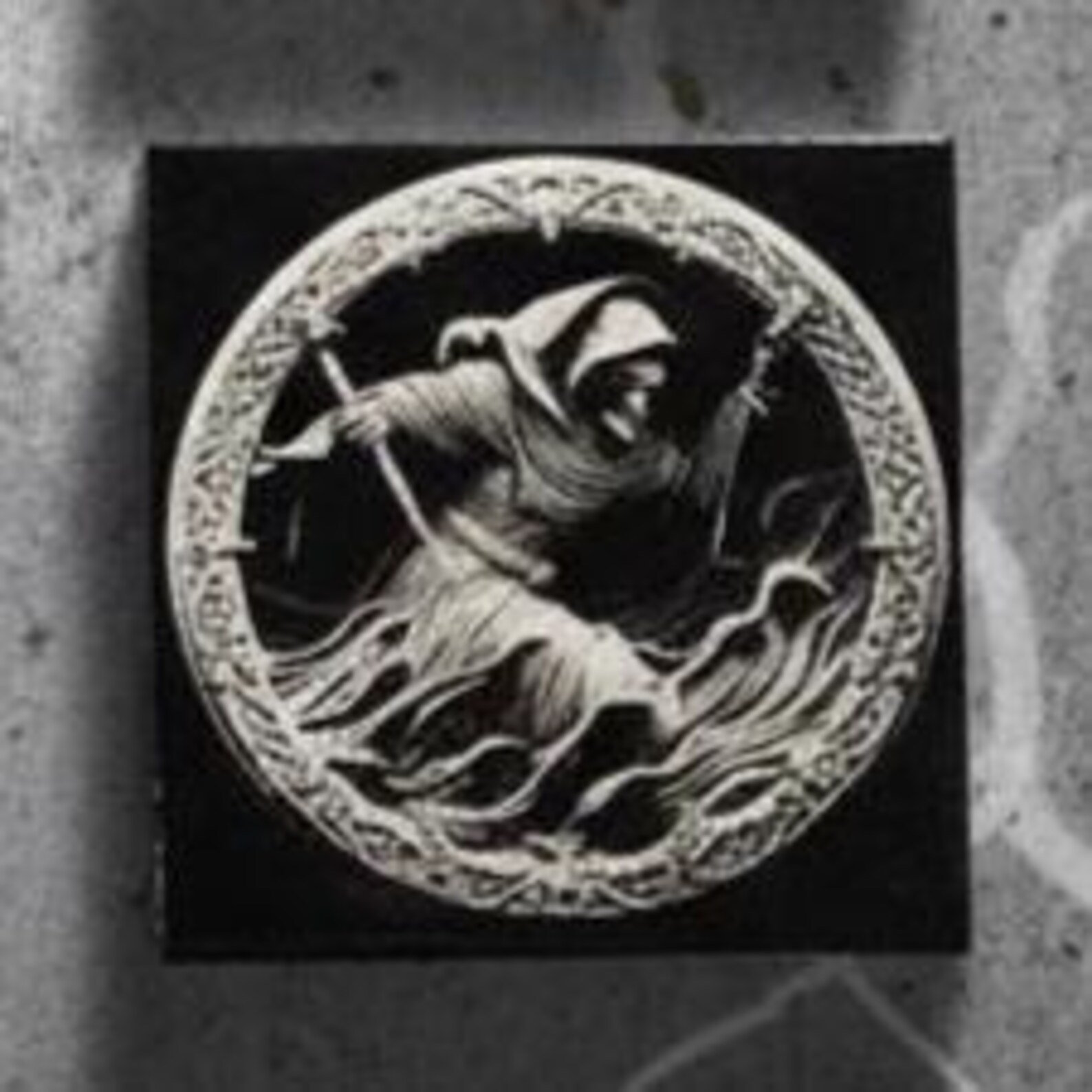 Reaper Skeleton Dark Fantasy Art Tile - Black & White Celtic Knotwork Gothic Wall Decor - Matte Black 4x4 Ceramic Macabre Home Accessory
