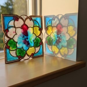 Resin Mandala Wood Art, 10x10 Birchwood Geometric Floral Design, Unique Meditation Gift, Boho Home Decor, Tabletop Art Display