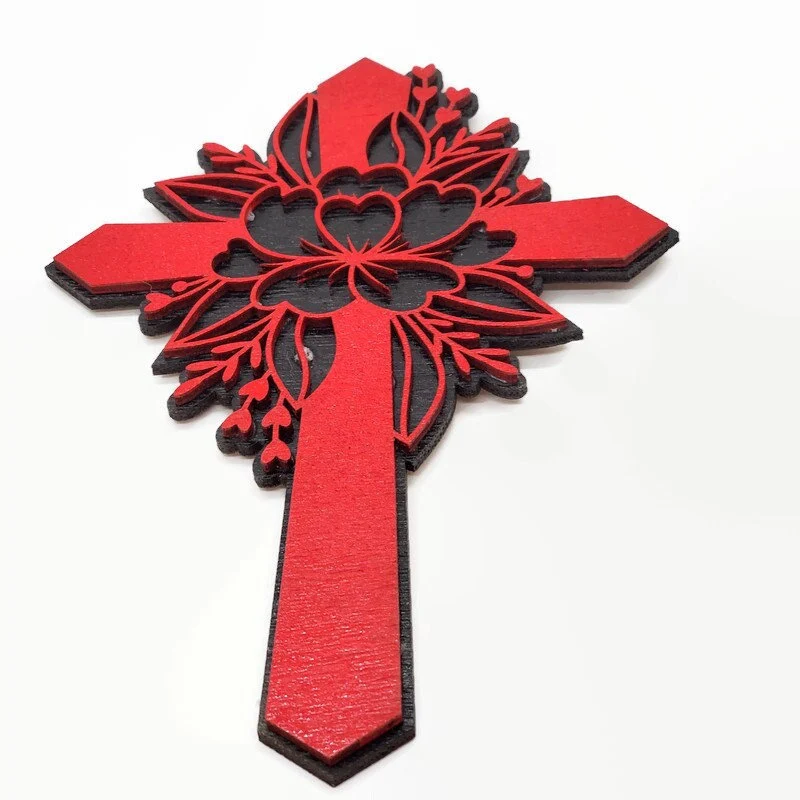 Hand-Painted Red Floral Wooden Cross