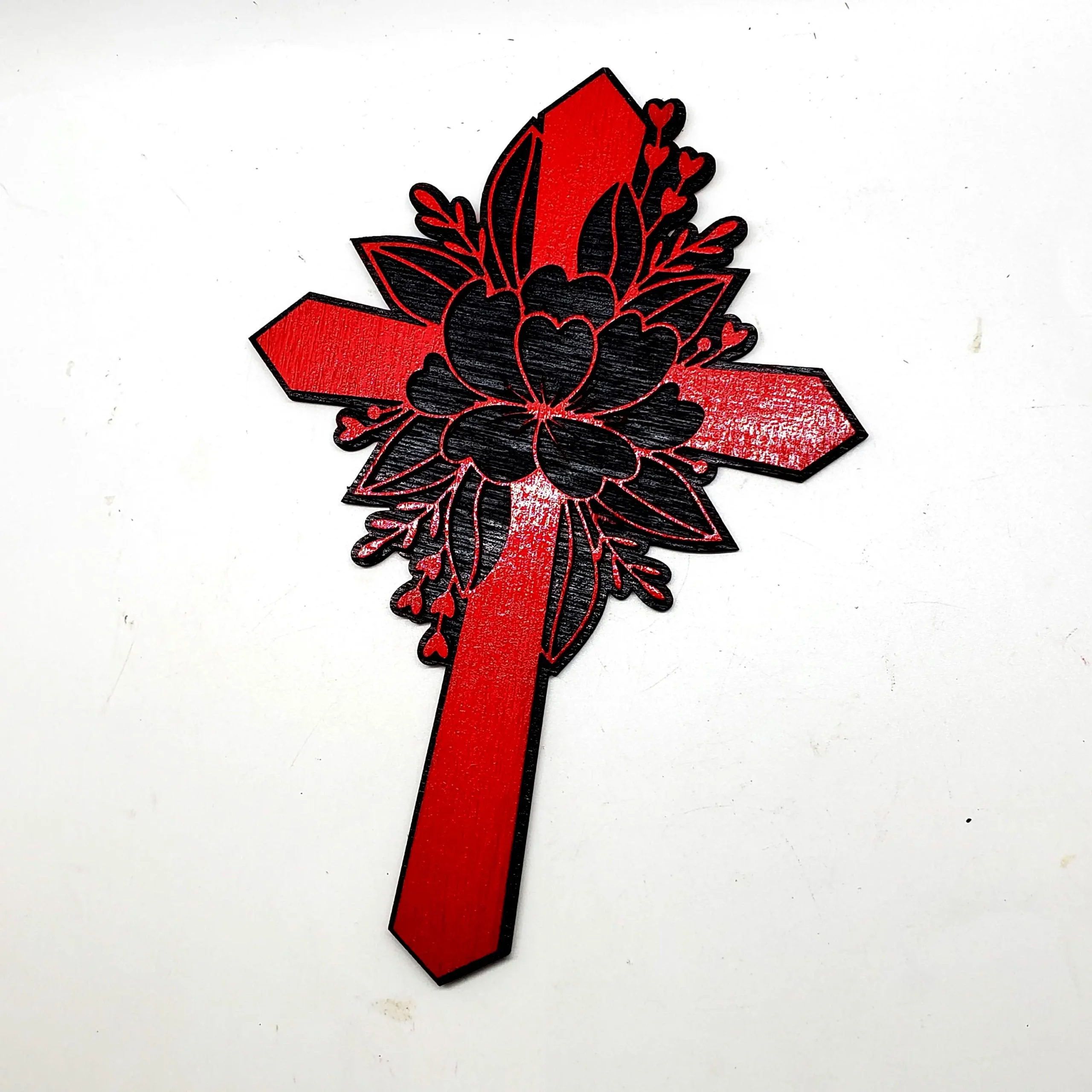 Hand-Painted Red Floral Wooden Cross