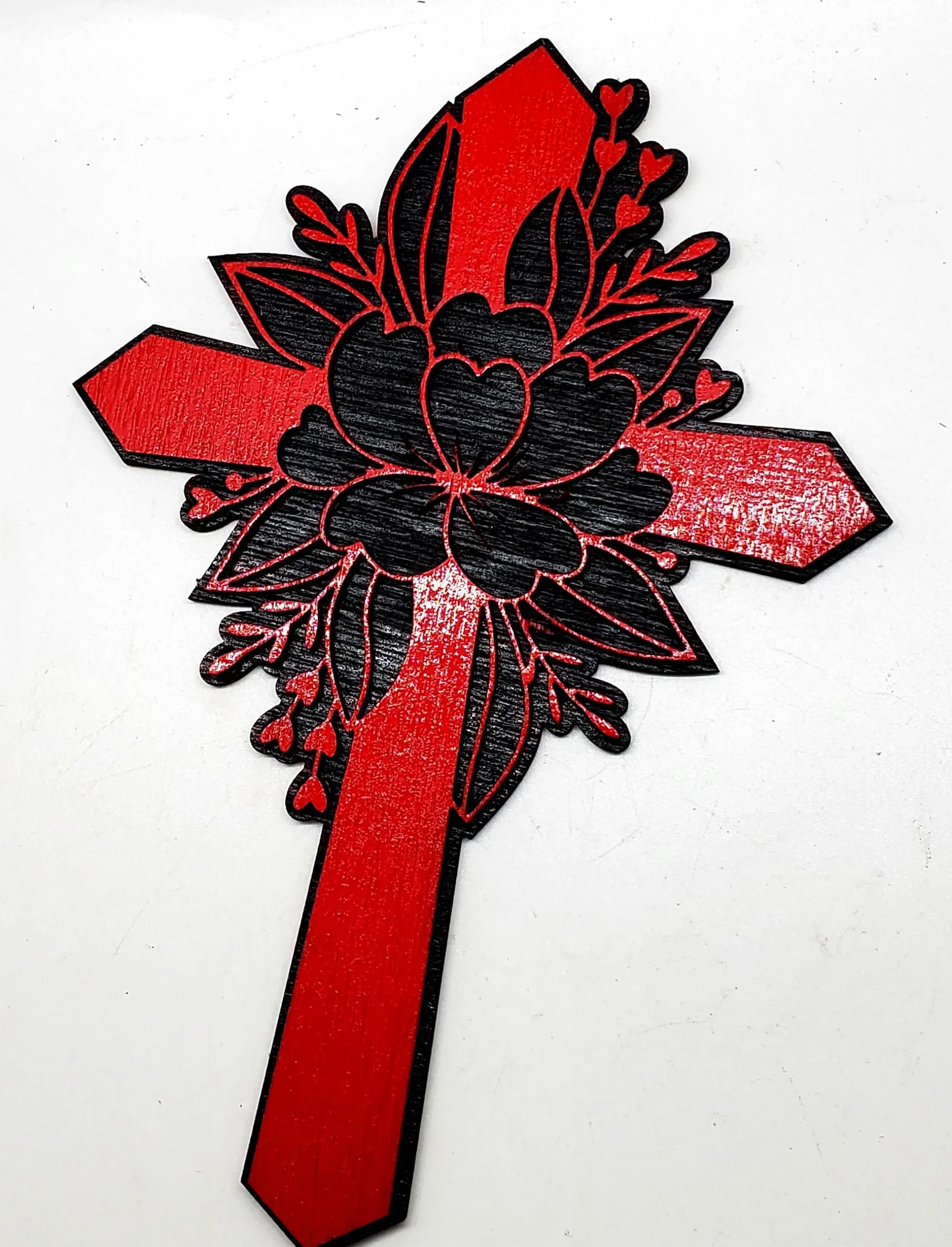Hand-Painted Red Floral Wooden Cross