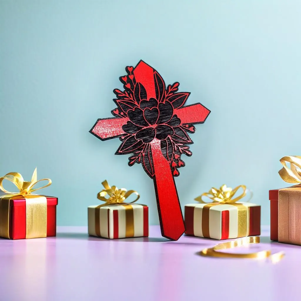 Hand-Painted Red Floral Wooden Cross