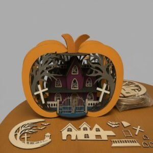 3D Pumpkin Halloween Haunted House Kit, Laser-Cut Birch Wood