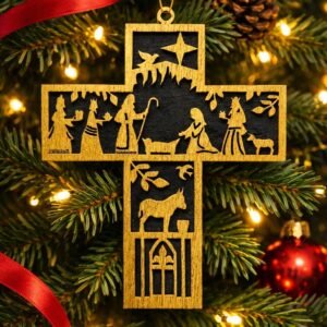 Laser-Cut Wooden Nativity Cross Ornament - Gold/Black Christian Christmas or Anytime Decoration