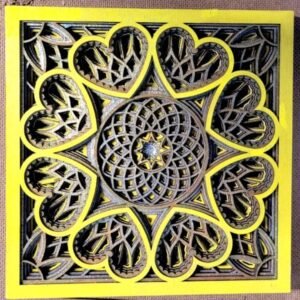 8-Inch Square Hand-Painted Mandala Heart Wall Decor, Yellow