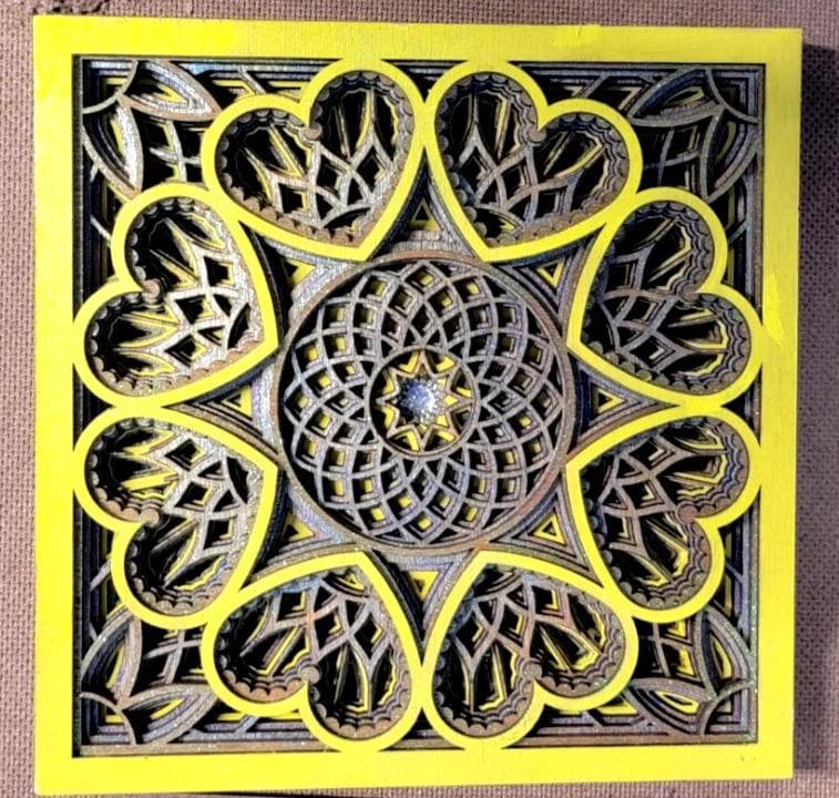 8-Inch Square Hand-Painted Mandala Heart Wall Decor, Yellow