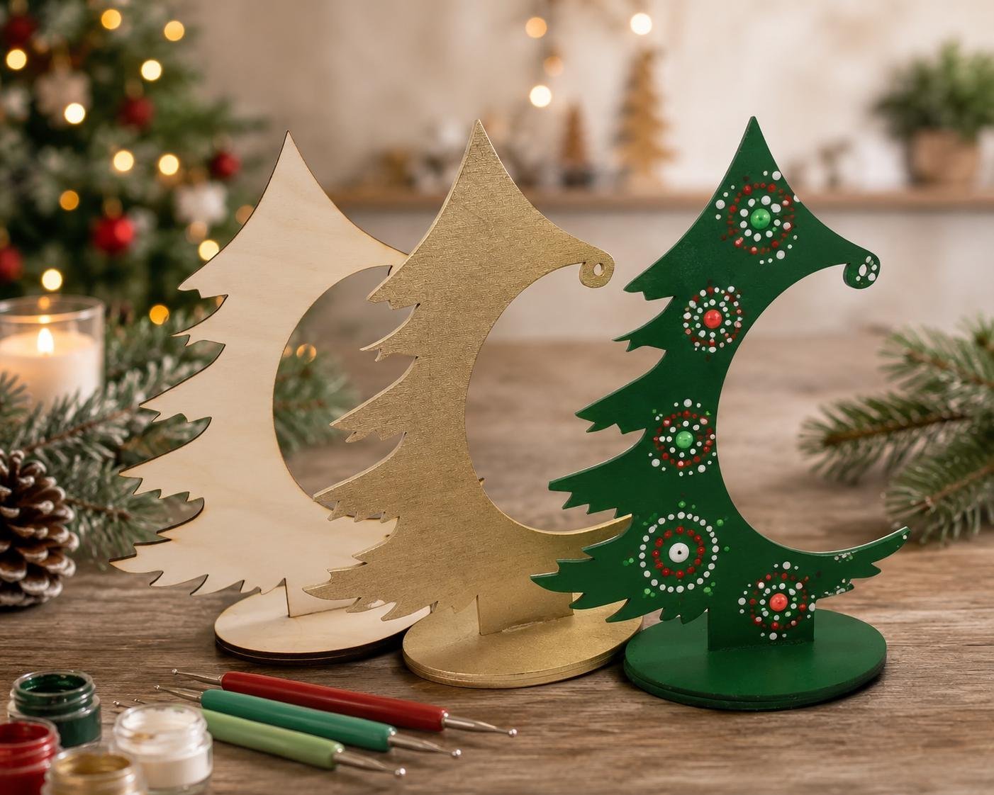 Christmas Ornament Display Stand, Wooden Ornament Tree, DIY Paintable Holder for Dot Mandala Art, Tabletop Display, Natu