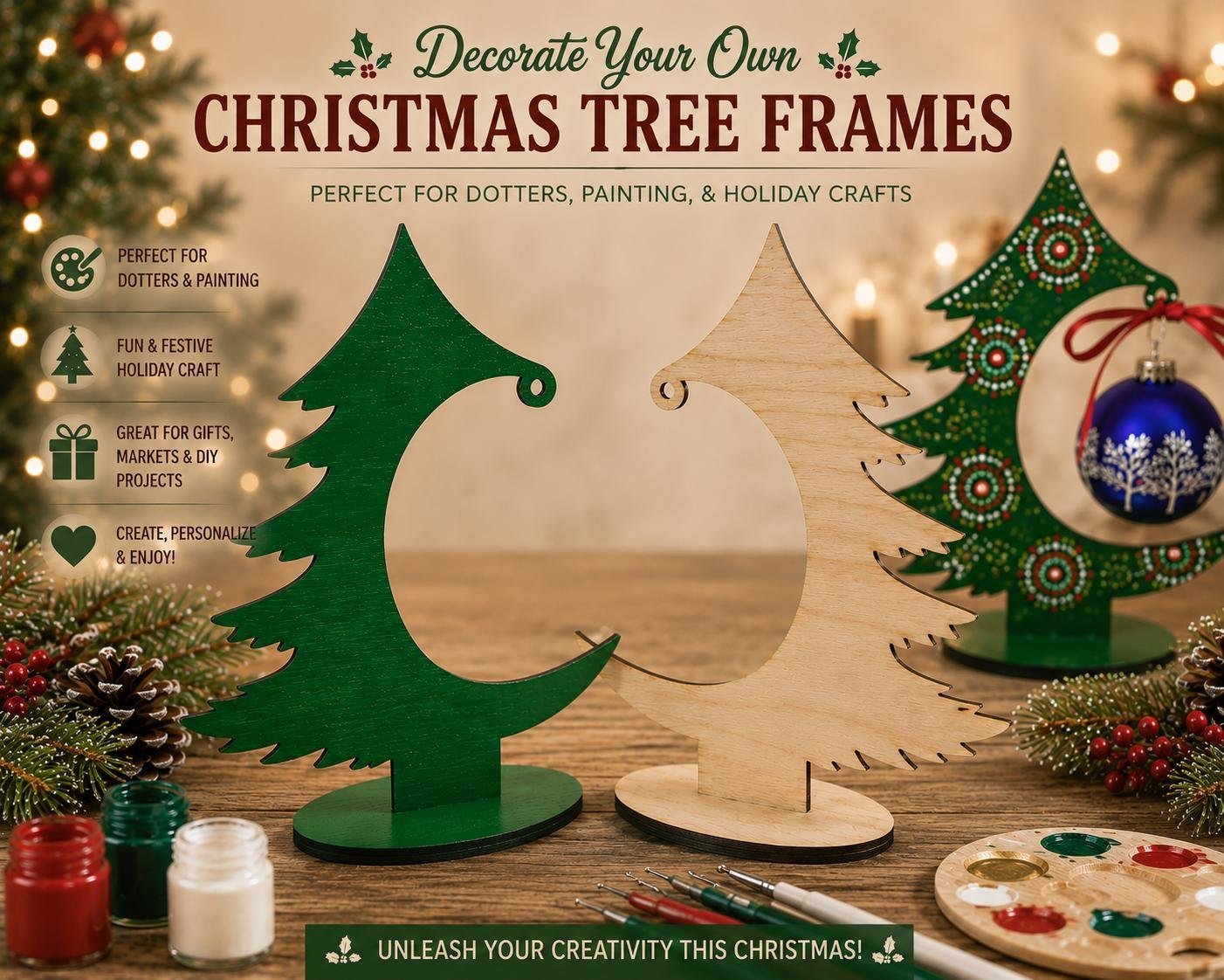 Christmas Ornament Display Stand, Wooden Ornament Tree, DIY Paintable Holder for Dot Mandala Art, Tabletop Display, Natu