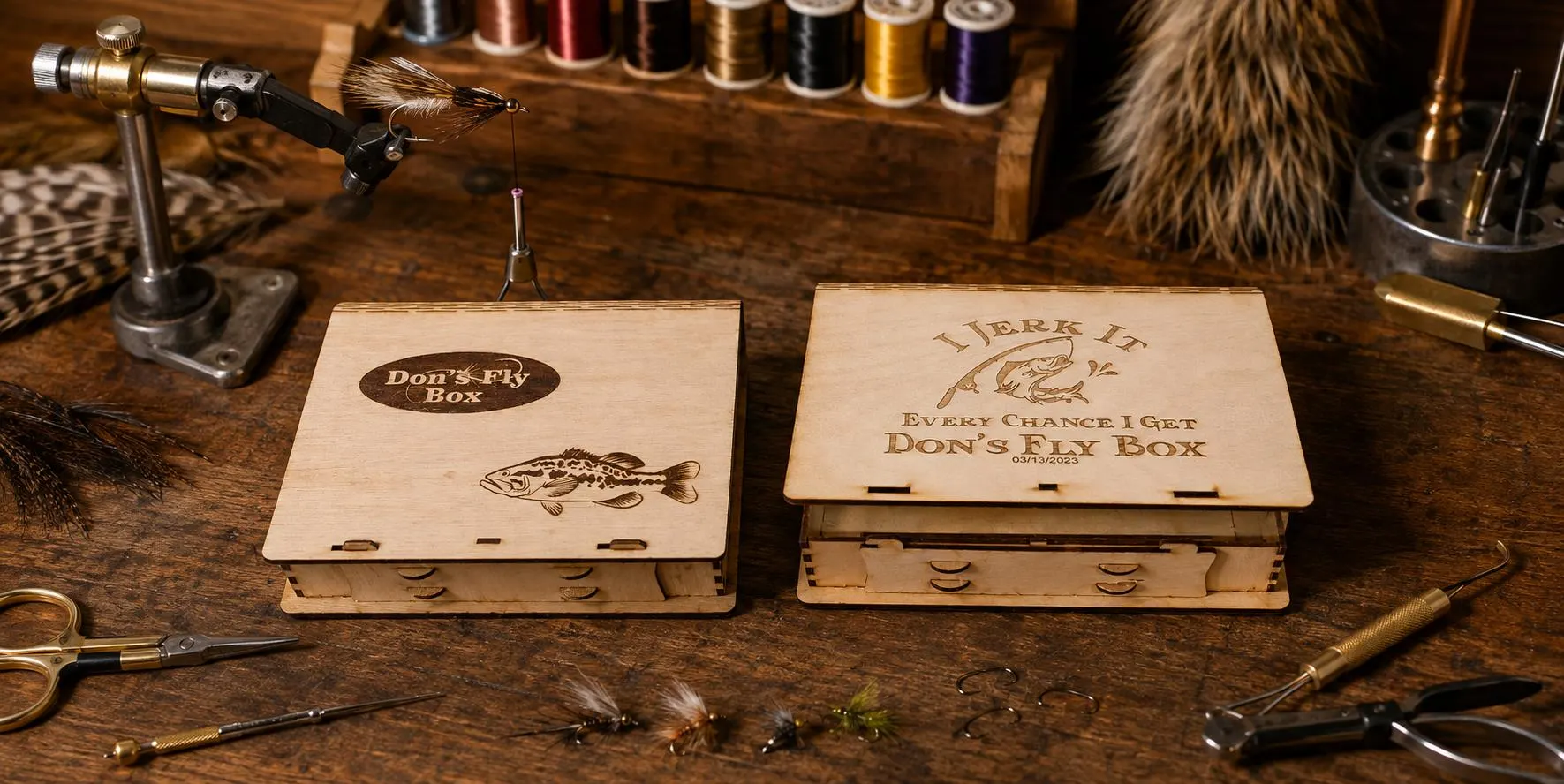 Personalized Birch Wood Fly Fishing Box, Laser Engraved, Solid or Grated Design, Gift for Angler