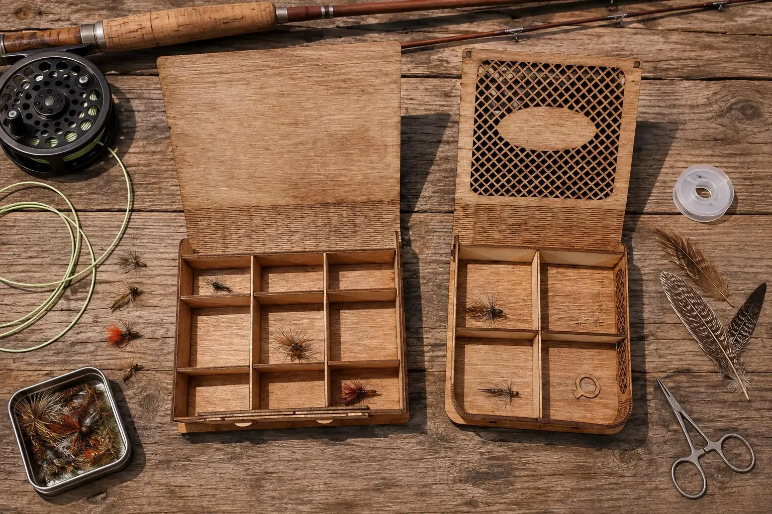 Personalized Birch Wood Fly Fishing Box, Laser Engraved, Solid or Grated Design, Gift for Angler