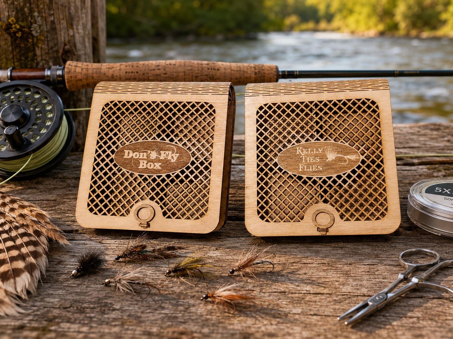 Personalized Birch Wood Fly Fishing Box, Laser Engraved, Solid or Grated Design, Gift for Angler