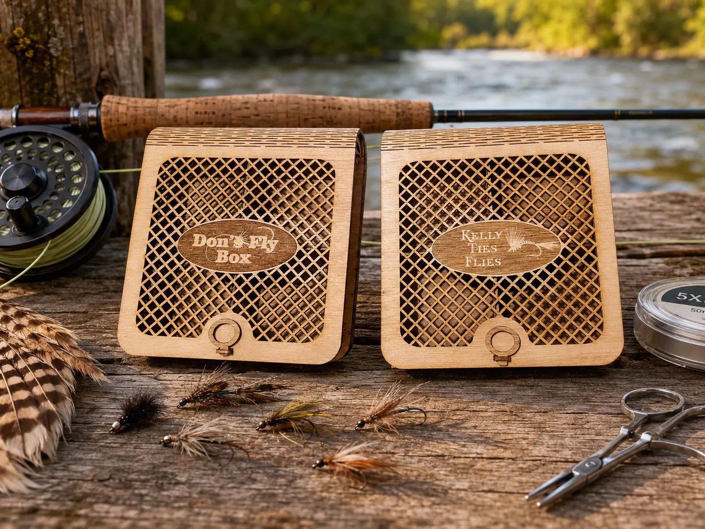Personalized Birch Wood Fly Fishing Box, Laser Engraved, Solid or Grated Design, Gift for Angler