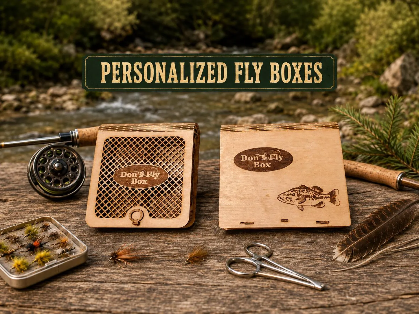 Personalized Birch Wood Fly Fishing Box, Laser Engraved, Solid or Grated Design, Gift for Angler