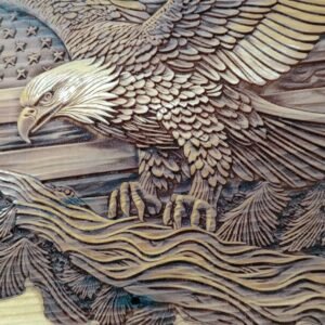 Large Engraved American Flag with Eagle Silhouette, Solid Cedar Wood Wall Hanging, Patriotic Office Art, Handcrafted Rustic Wall Decor
