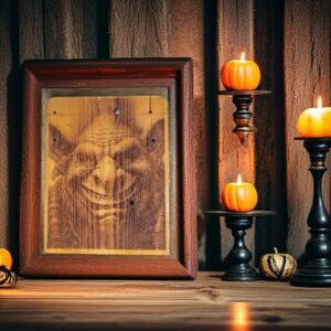 Halloween Ogre Face Wooden Wall Plaque - Laser-Engraved on Reclaimed Cedar, Unique Fantasy Decor with Free Photo Stand