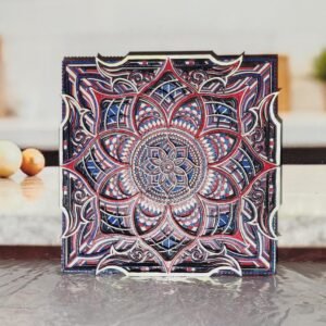 Enchanting Mandala Art Set of Four Hand-Painted Layered Pieces Vibrant Symmetry for Peaceful Home or Office Decor Display.