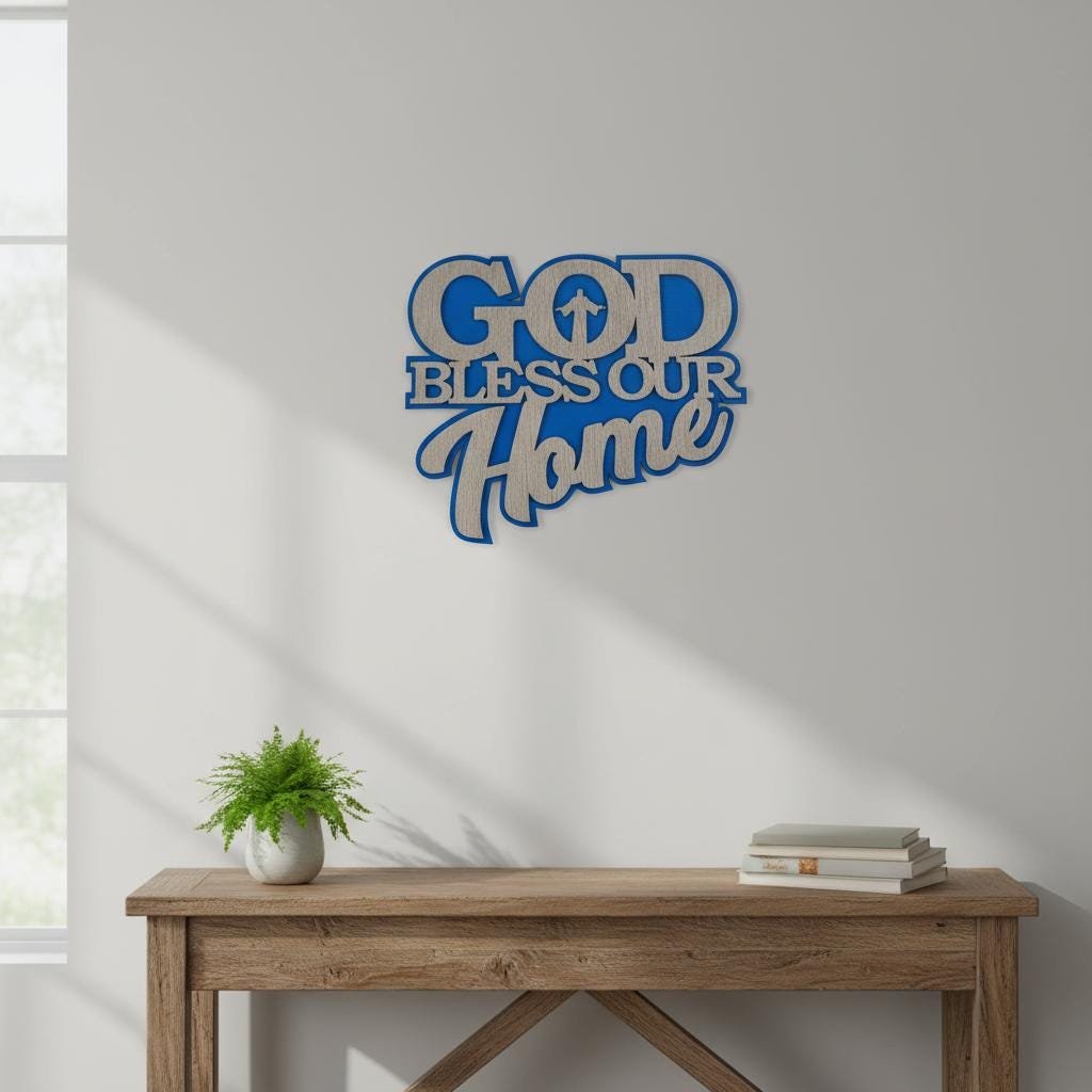 God Bless Our Home Wooden Wall Decor - Hand-Painted Blue Laser-Cut Wood Plaque
