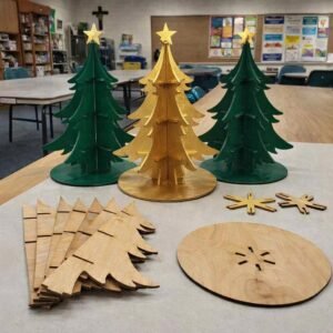 Christmas Tree Ornament Display Stand - 11" Laser-Cut MDF Puzzle Tree for Tabletop or Mantel - Green, Gold, or Unfinished Craft Décor